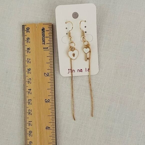 Heart Lock and Key Gold Plated Earrings in White by Jin na la Nickel Free - Picture 7 of 8